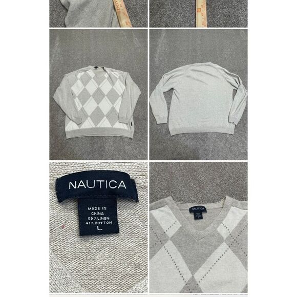 Nautica mens V-Neck pullover sweater sweater sz large cream argyle linen blend - Picture 1 of 12